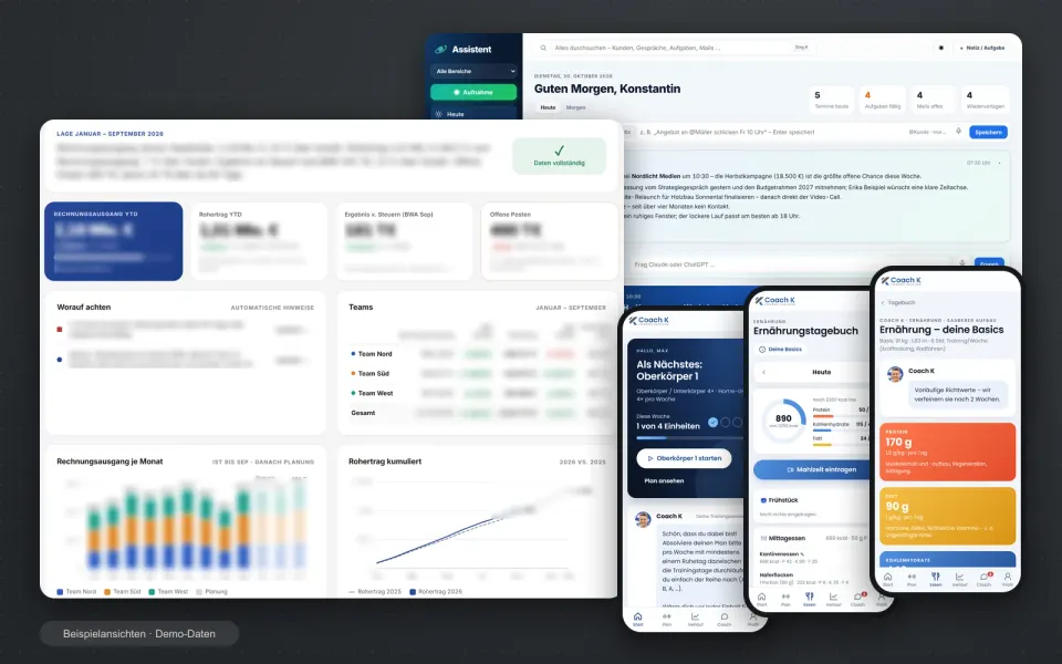Beispielansichten mit Demo-Daten: Finanz-Dashboard, KI-Assistent sowie Trainings- und Ernährungs-App