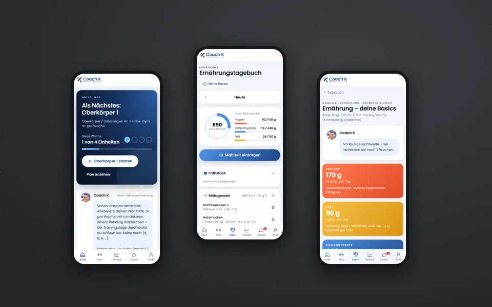 Drei Ansichten einer Coaching-App: Trainingsplan, Ernährungstagebuch und Ernährungs-Richtwerte, Demo-Daten