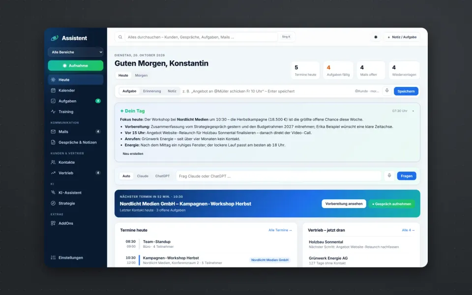Beispielansicht eines KI-Assistenten mit Tagesüberblick, Demo-Daten